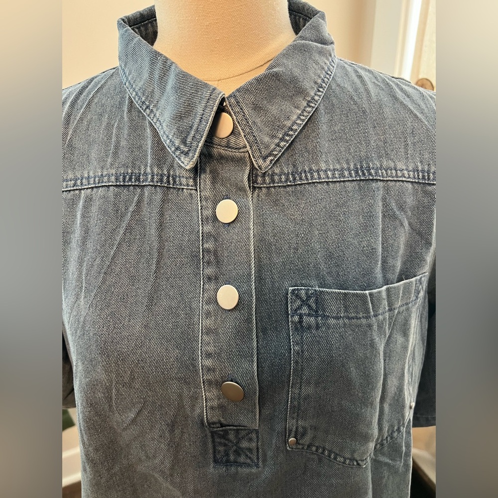 Women’s Denim Polo Baby Doll Dress With Pockets in Washed Blue - Picture 4 of 8
